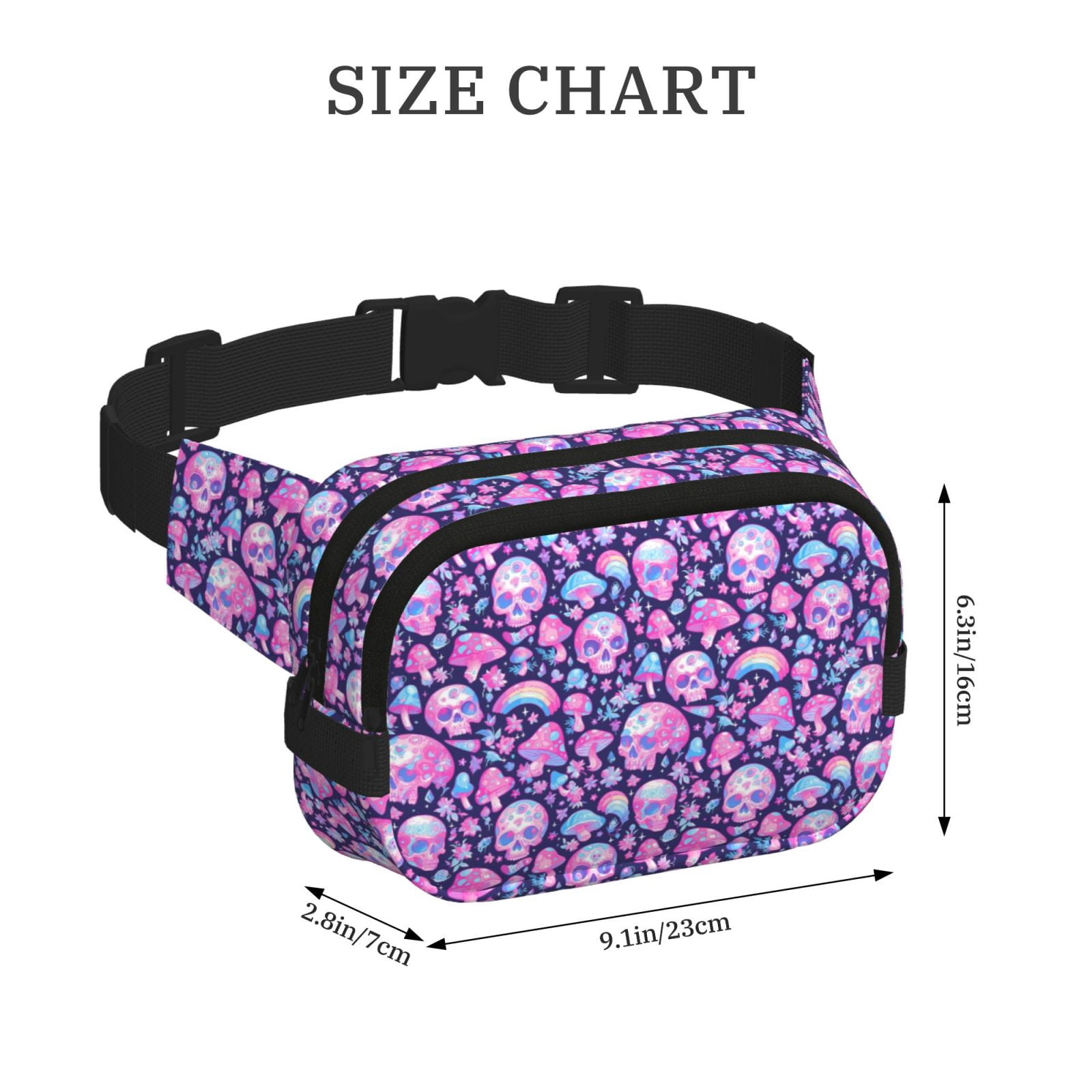Picia Skull Rainbow Mushroom Print Square Double-Layer Waist Bag Mini Adjustable Waist Belt Bag Exercise Running Travel Hiking