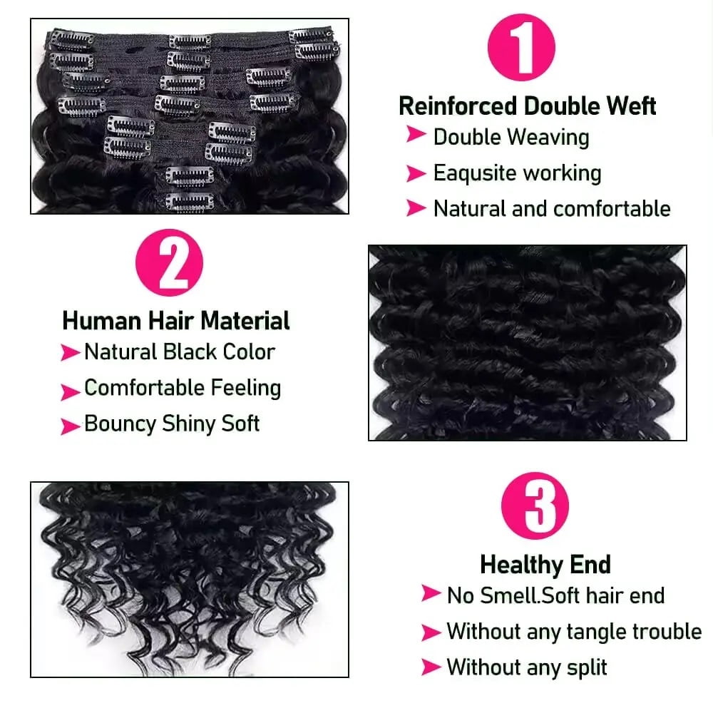 Deep Wave Clip In Hair Extensions Brazilian Remy 100% Human Hair 8pcs/Set 120g Natural Color