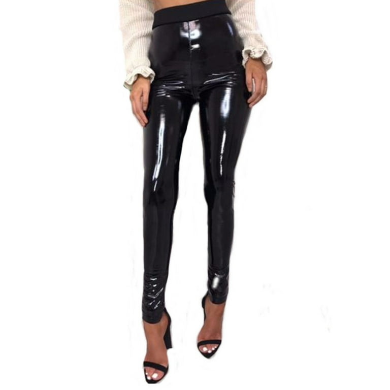 EYIIYE Women Shiny PVC High Waist Wet Look Skinny Disco Vinyl Pencil  Leggings S-XL 