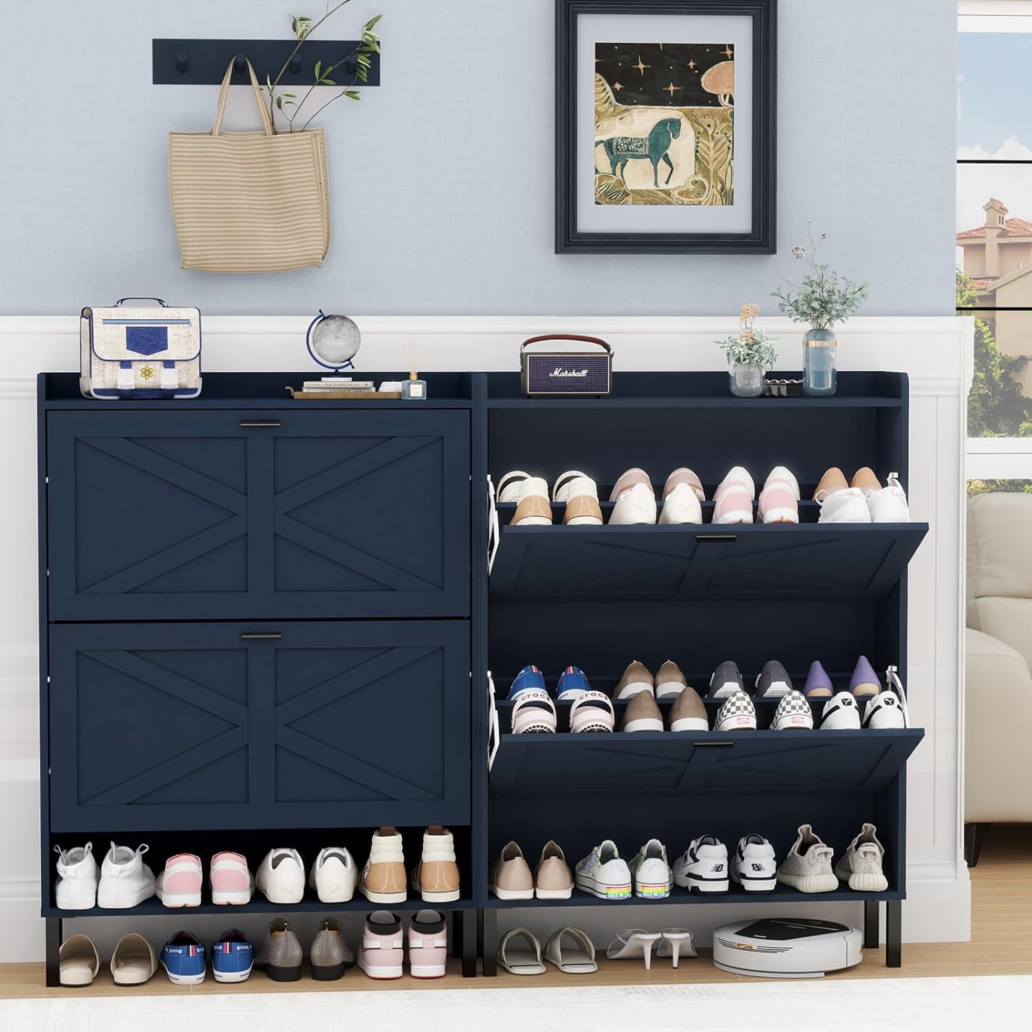 Vinform Shoe Storage Cabinet with 2 Flip Drawers for Entryway, Farmhouse Wood Shoe Cabinet, Freestanding Narrow Shoe Rack Organizer with Metal Legs for Hallway Living Room (Blue)