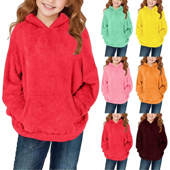Miluxas Girls Fuzzy Fleece Hoodies Casual Sweatshirt Sherpa Pullover with Kangaroo Pockets Yellow 13 Years