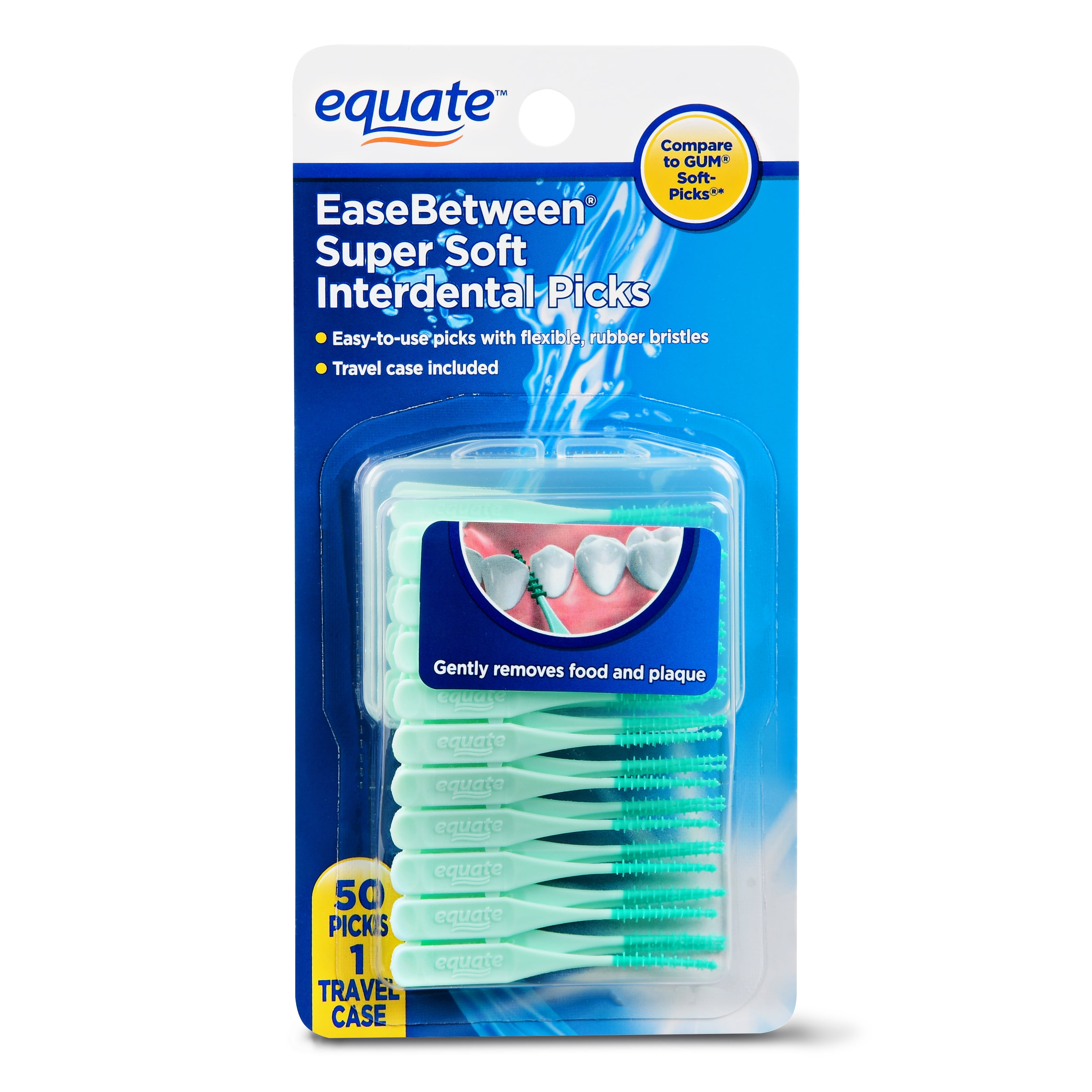 Equate EaseBetween Super Soft Interdental Picks, Value Pack with Convenient Travel Case, Flexible Bristles, Standard Teeth Spacing, 50 Count