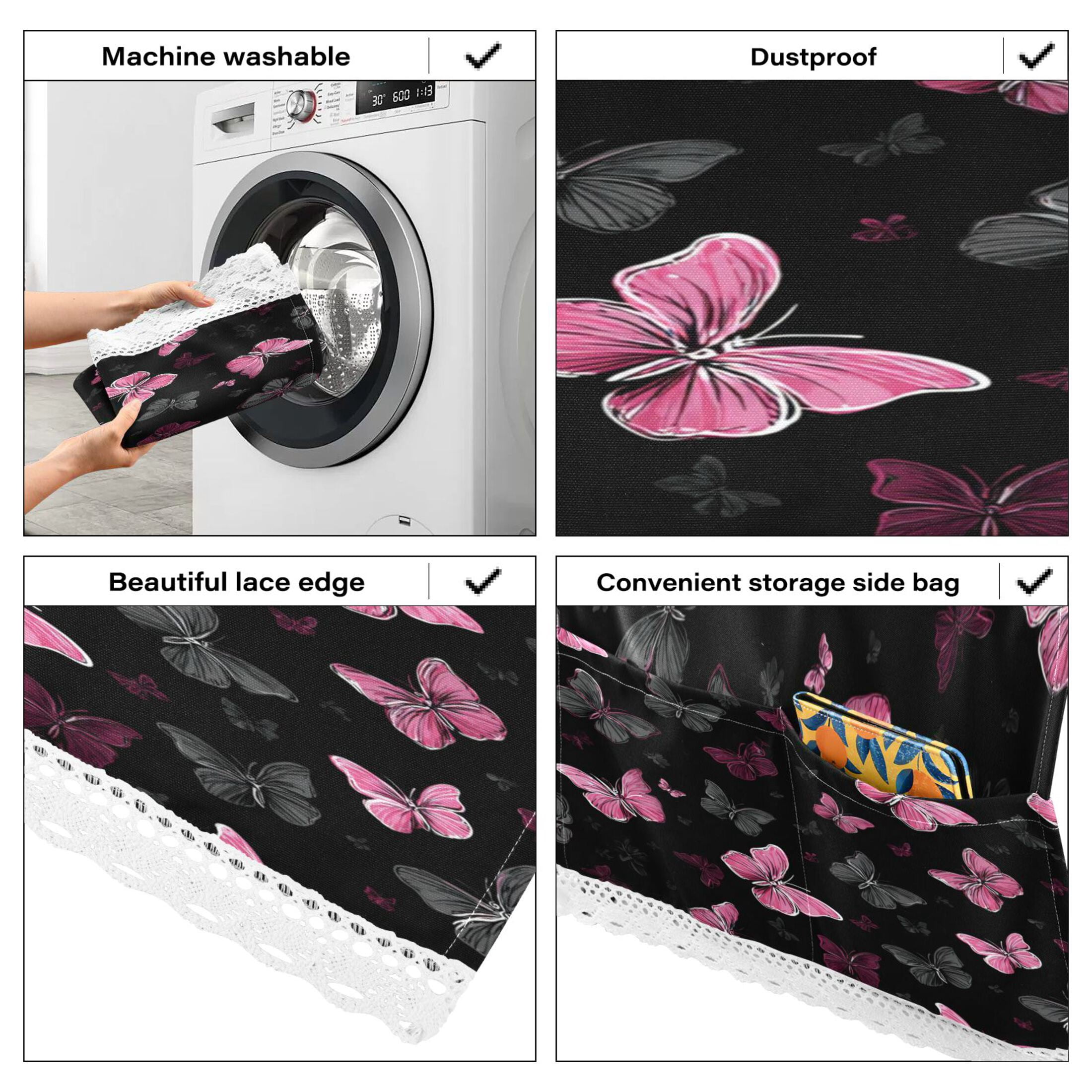 Wobogo Pink Butterfly Washing Machine Cover Dustproof Washer Dryer Cover Waterproof Laundry Room Decorative Protector