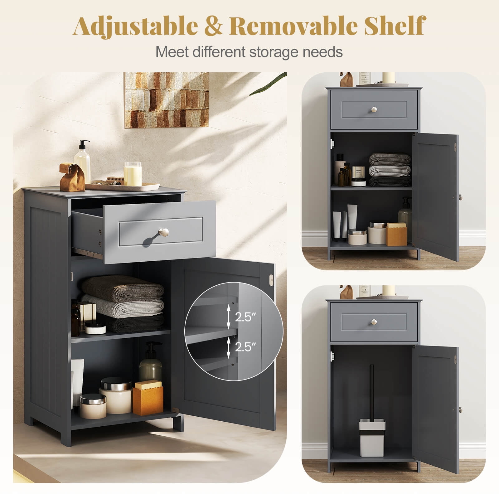 Costway White Floor Storage Cabinet Bathroom Organizer Cupboard Drawer Shelf Bath Towel Gray