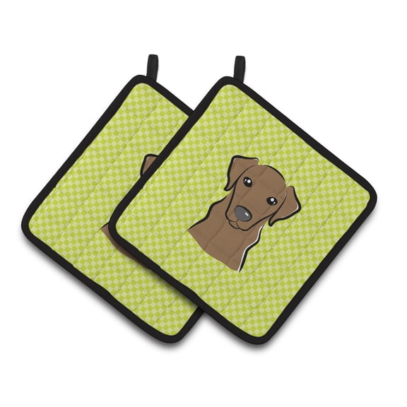 Checkerboard Lime Green Chocolate Labrador Pair of Pot Holders