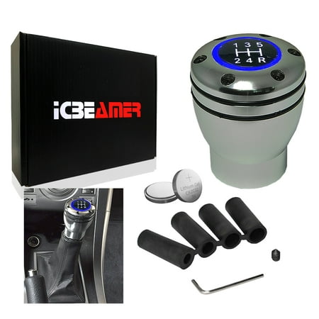 ICBEAMER Silver Aluminum Shift Knob Blue LED Light Top Glow, Fit Buttonless Automatic & 4, 5, 6 Speed Manual Transmission Interior Car Gear Lever Stick Shift Racing Style [Battery Included]