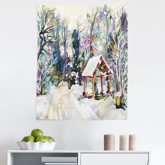Watercolor Tapestry, Colorful Digital Painting Print of Winter Woodland Rural Cottage House, Fabric Wall Hanging Decor for Bedroom Living Room Dorm, 5 Sizes, Cream and Multicolor, by Ambesonne