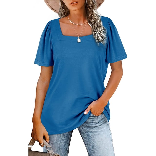 Sonducket Camiseta de manga corta para mujer, jersey estético de cuello cuadrado, blusa, vacaciones en la playa, moda de verano, ropa Prendas para la parte del cuerpo Azul SG