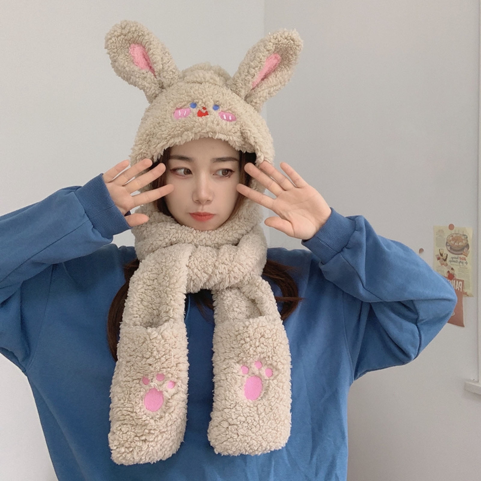 Winter Women Hoodie Hat Scarf Gloves Set Plush Fur Warm Casual Accessory Warm Women Hoodie Hat/Scarf/Gloves Set Soft Plush Thick Warm  main image 2
