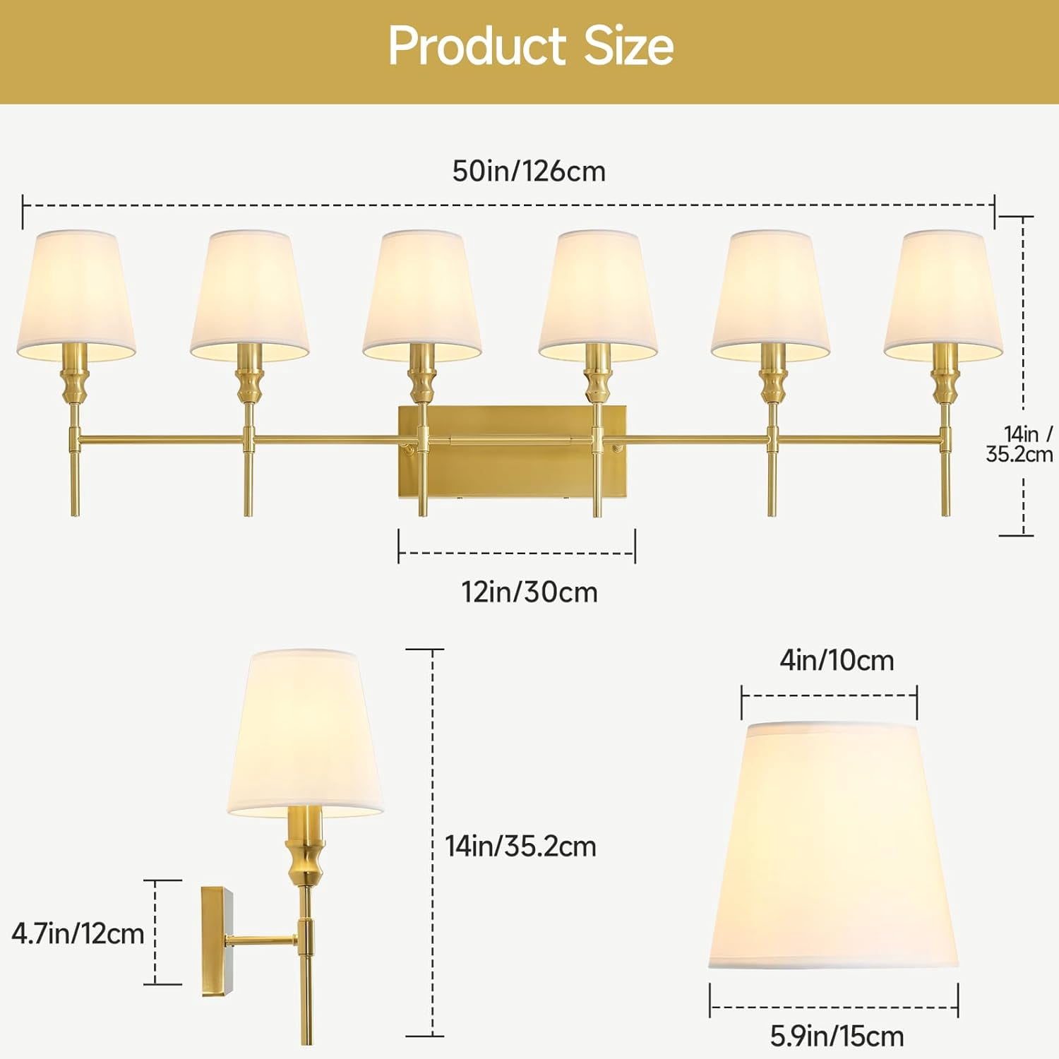 6-Light Vanity Lights for Bathroom,41 in Vintage Black Bathroom Vanity Light Fixtures,with Flared White Fabric Lampshade for Bedroom,Living Room,Foyer,Hardwired,E12 Base