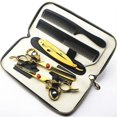 thumbnail image 1 of Kit de tijeras para cortar el cabello, tijeras profesionales de barbero doradas de 15 cm (6 pulgadas) con peine y estuche., 1 of 5