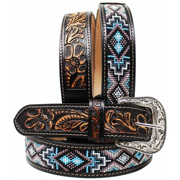 39-40 Men's 1-1/2" Wide Tan Leather Floral Tooled Casual Jean Belt 26FK34