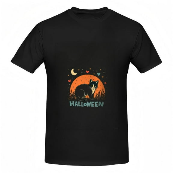 Halloween Black Cat Cotton Short Sleeve T-Shirt for Women - Glow - in - the - Dark Moon & Stars Design Festive Tee with Hearts