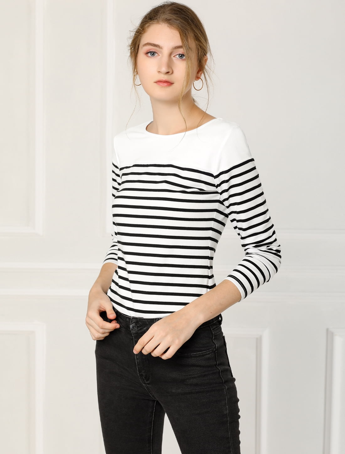 DARING DIVA Women's Color Block Striped Knit Top Long Sleeves T-Shirt 2XL Black-White