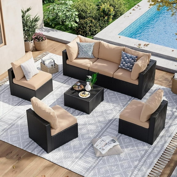 Aoxun 7 Piece Patio Furniture Set Wicker Rattan Patio Sectional Sofa Set Outdoor Seating Furniture with Thickened Cushion, Beige