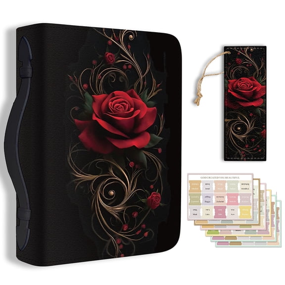 1pc Large Bible Cover 20.3x28.5x5.9cm PU Leather Book Protector Case with Bookmark Red Rose Bible Carrying Case for Women Men Christian