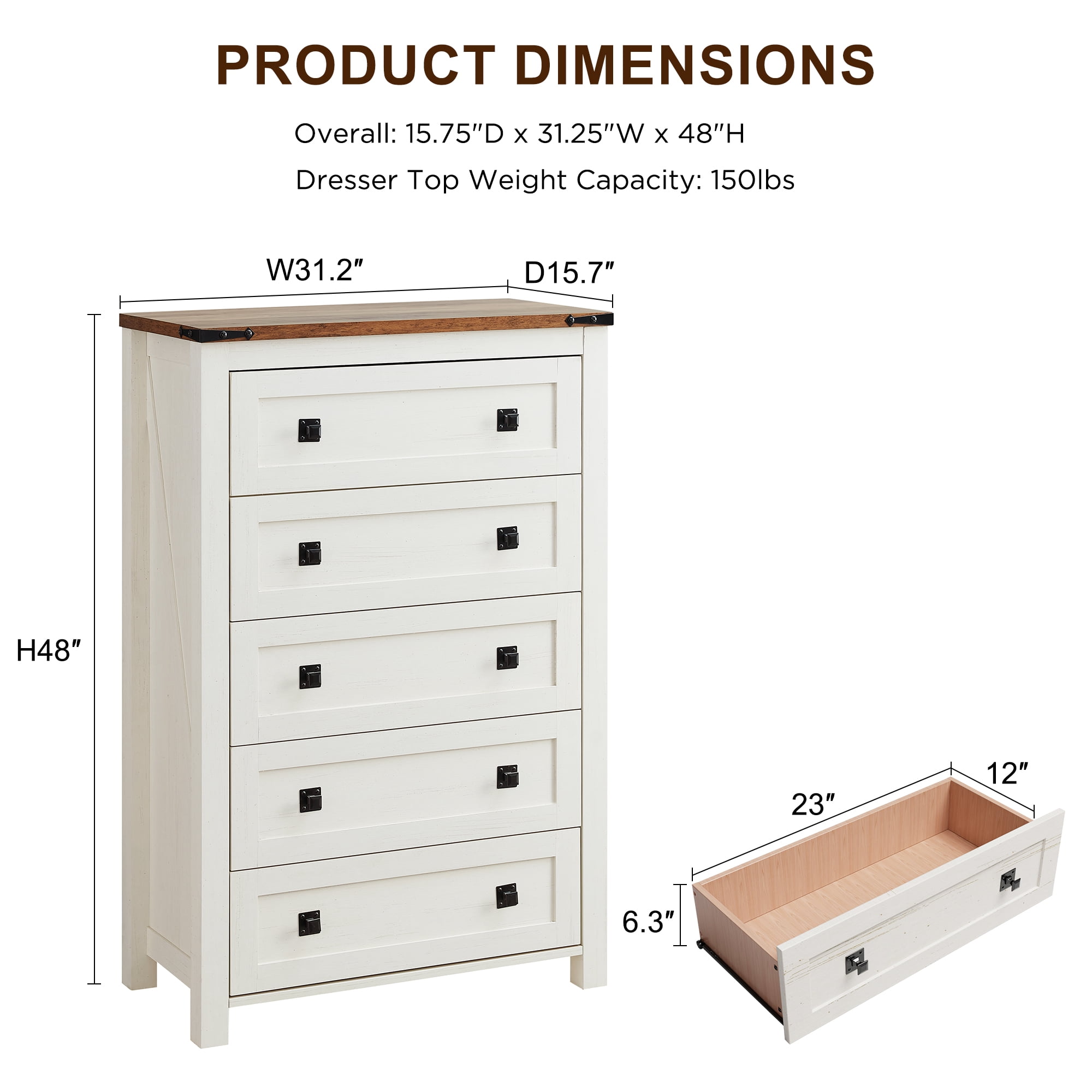 Keywhat Farmhouse 5 Drawer Dresser for Bedroom, Chest of Drawers Wood Organizer for Living Room, Antique White
