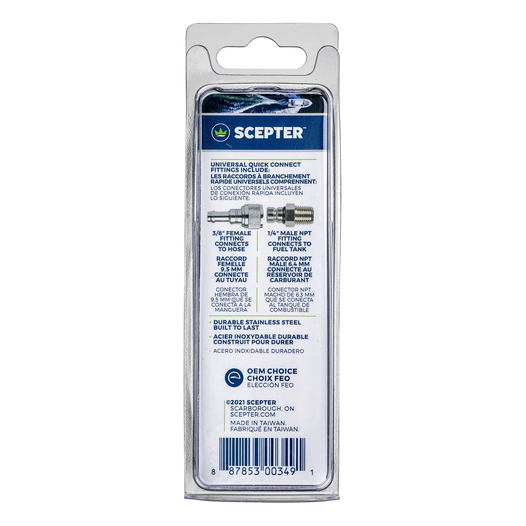 Scepter, 11553, Marine Tank Fittings, 3/8" Barb Female 1/4" Male NPT Quick Connector Size 5.5"H x 1.77"L x 1.10" W.