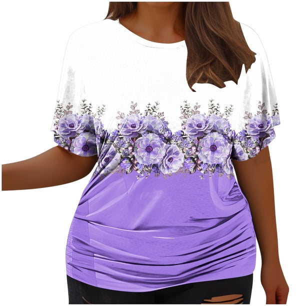 Fiudx Ofertas Relámpago Camiseta de Manga Corta Grande con Cuello Redondo Plisada y Cintura de Manga Corta Informal a La Moda para Mujer