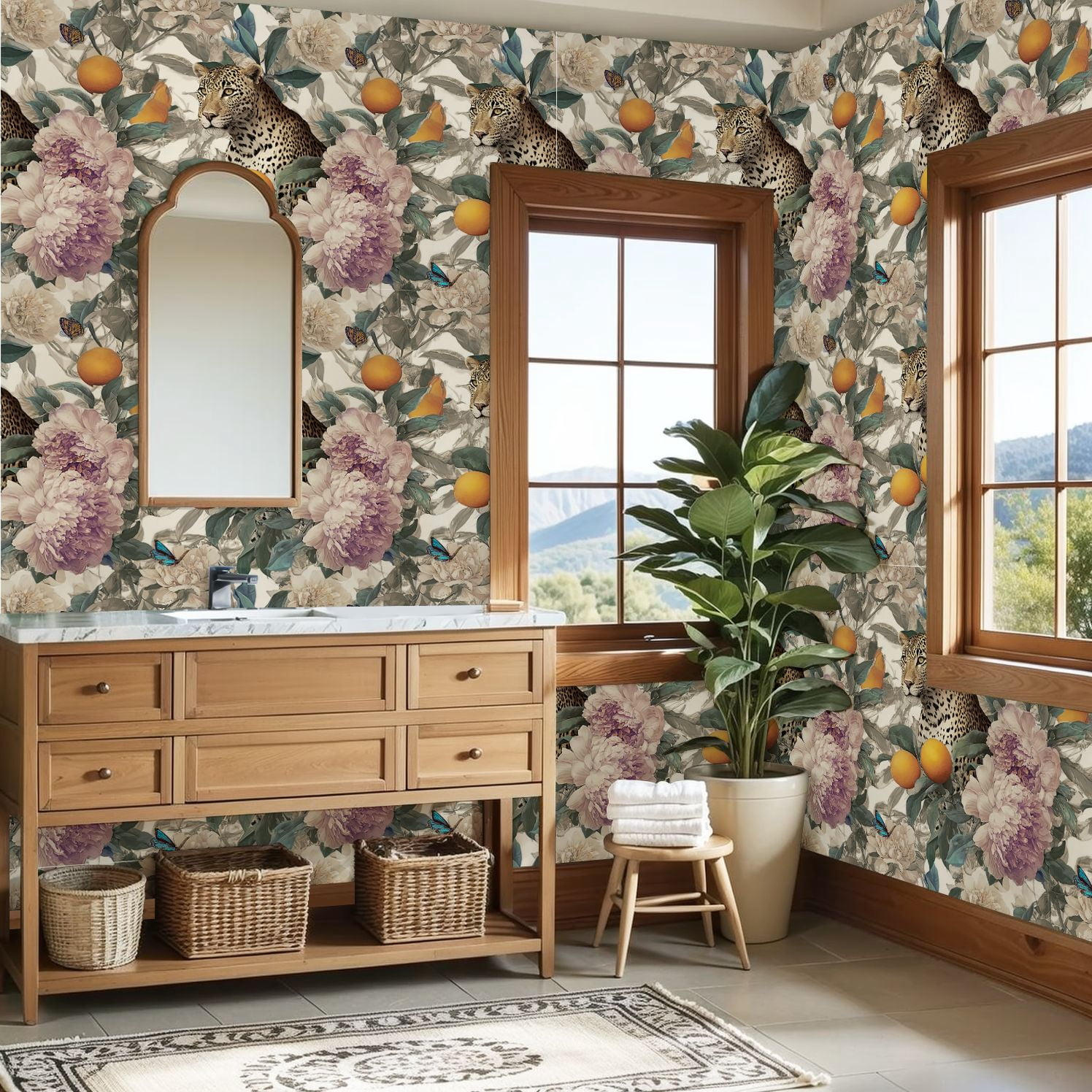 Peel and Stick Wallpaper Leopard Butterfly Floral Oranges Peonies Wall Mural 23.6in x 9.8ft Self Adhesive Removable Wall Paper Renter Friendly Wallpaper for Nursery Bedroom Cabinets