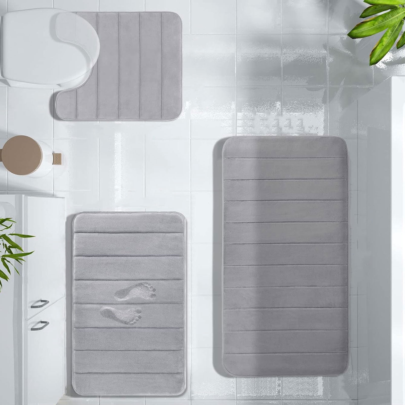 Hengbor 3Pcs Memory Foam Bathroom Mat Set Bathroom Rug Set Thick Soft Bathroom Rugs for Bathroom Water Absorbent Bathroom Shower Rugs Machine Washable Light Gray