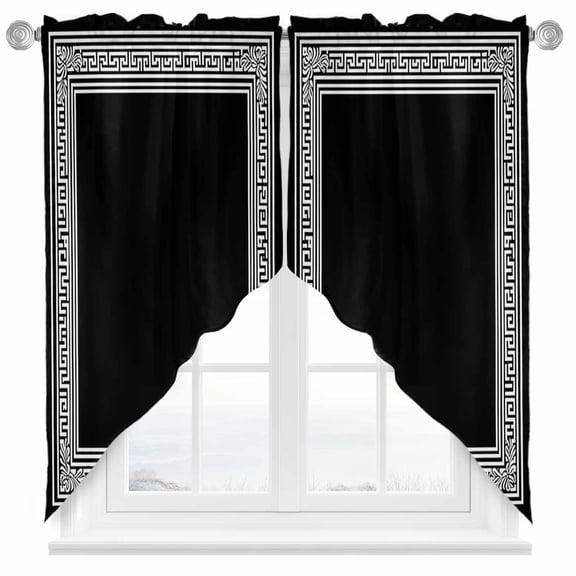 Black White Swag Valances for Windows 2 Pack Geometric Greek Key Bordered Abstract Art Swag Kitchen Curtains 45 Inches Long Rod Pocket Short Window Treatment for Kitchen Bathroom 36"x45"
