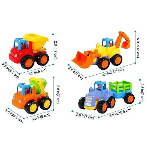 Set Of 4 Vehicles For Toddlers Dump Truck Cement Mixer Tractor Bulldozer 