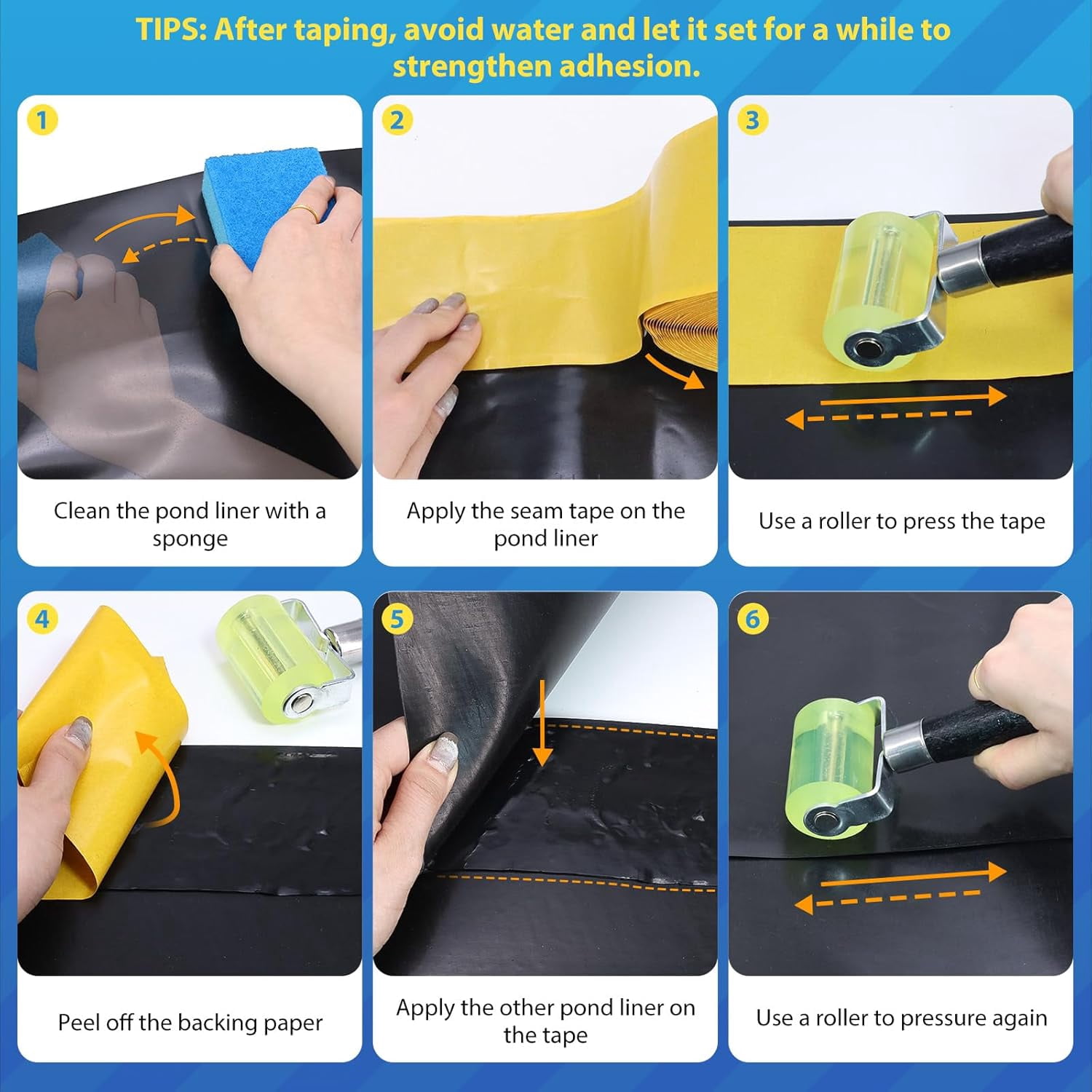 2Pcs Pond Liner Seam Tape, 3" x 30' Double Sided Butyl Rubber Tape Kit, Waterproof Seam Tape & 2 Pcs Sponge & Roller, Self Adhesive Patch Repair Tape for EPDM, HDPE Pond Liners Roof Deck RV