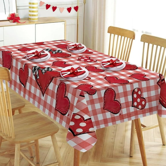 Valentine''s Day Red Love Heart Rectangle Tablecloth 60x120 Inch, Buffalo Plaid Polka Dot Farmhouse Decorative Table Cloth Dining Table Cover, Anniversary Wedding Dinner Party Picnic Decoration