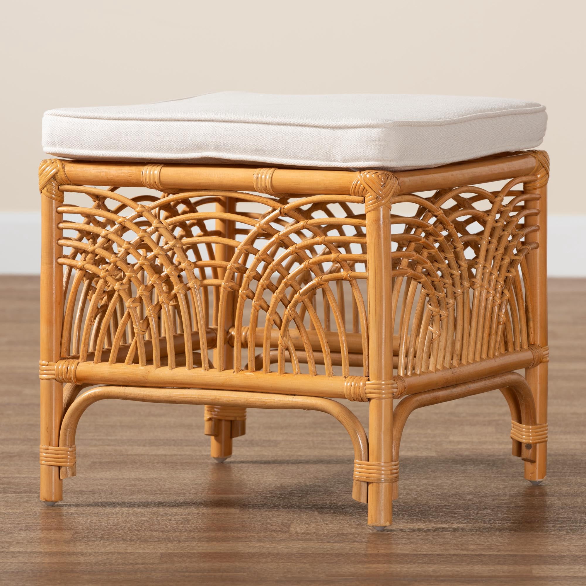 bali & pari Materra Modern bohemian Natural Brown Rattan Footstool