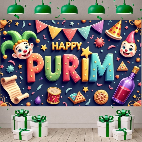 Colorful Happy Purim Banner Festive Purim Display Carnival  Clown Hat Festive Backdrop for Purim Celebration Costume Party Indoor Decor
