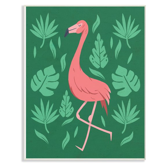 The Stupell Home Decor Collection Pink Flamingo Green Leaves Wall Art