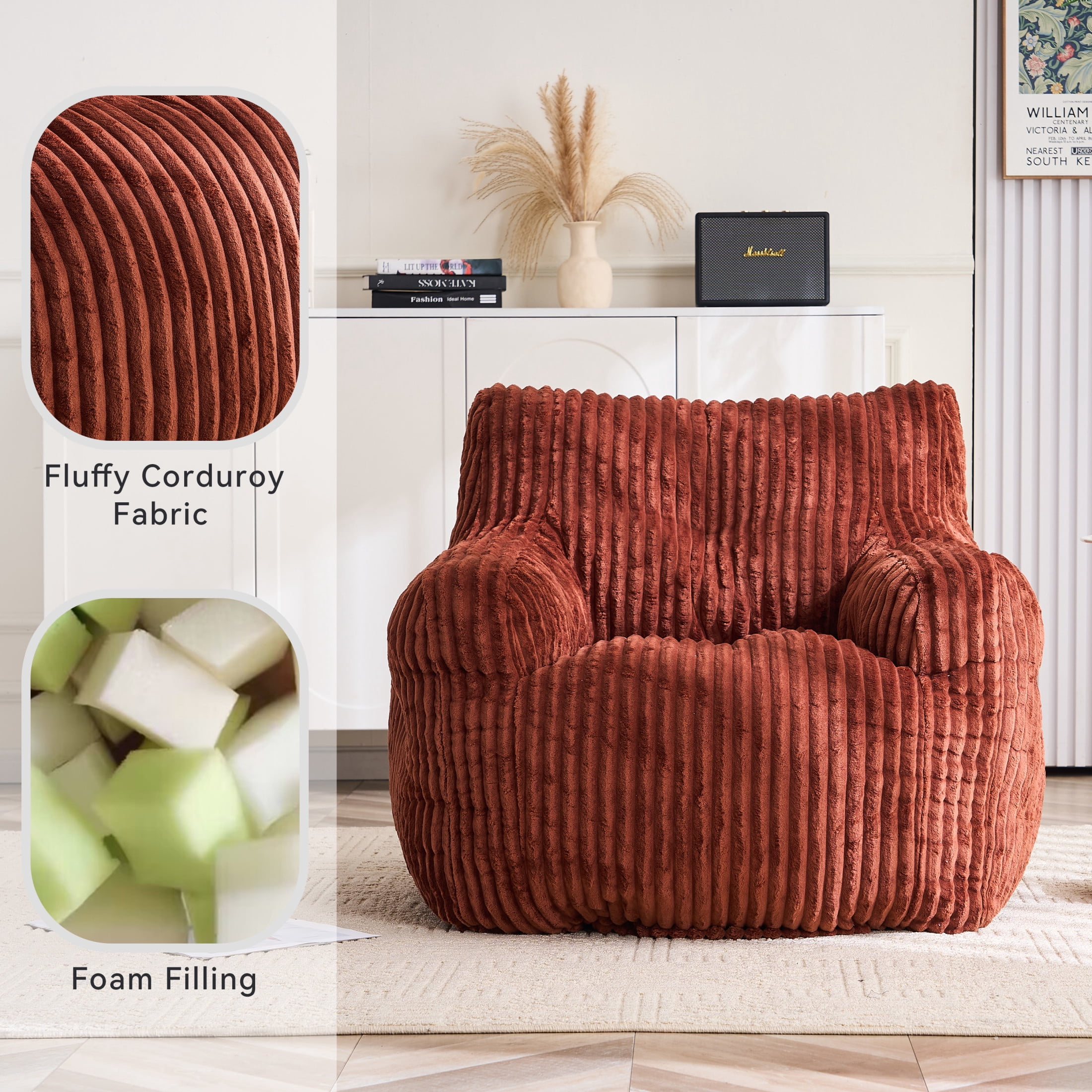 Noble House Solley 39" Fluffy Corduroy Bean Bag Chair, Memory Sponge Floor Lounger Accent Seat for Living Room, Red