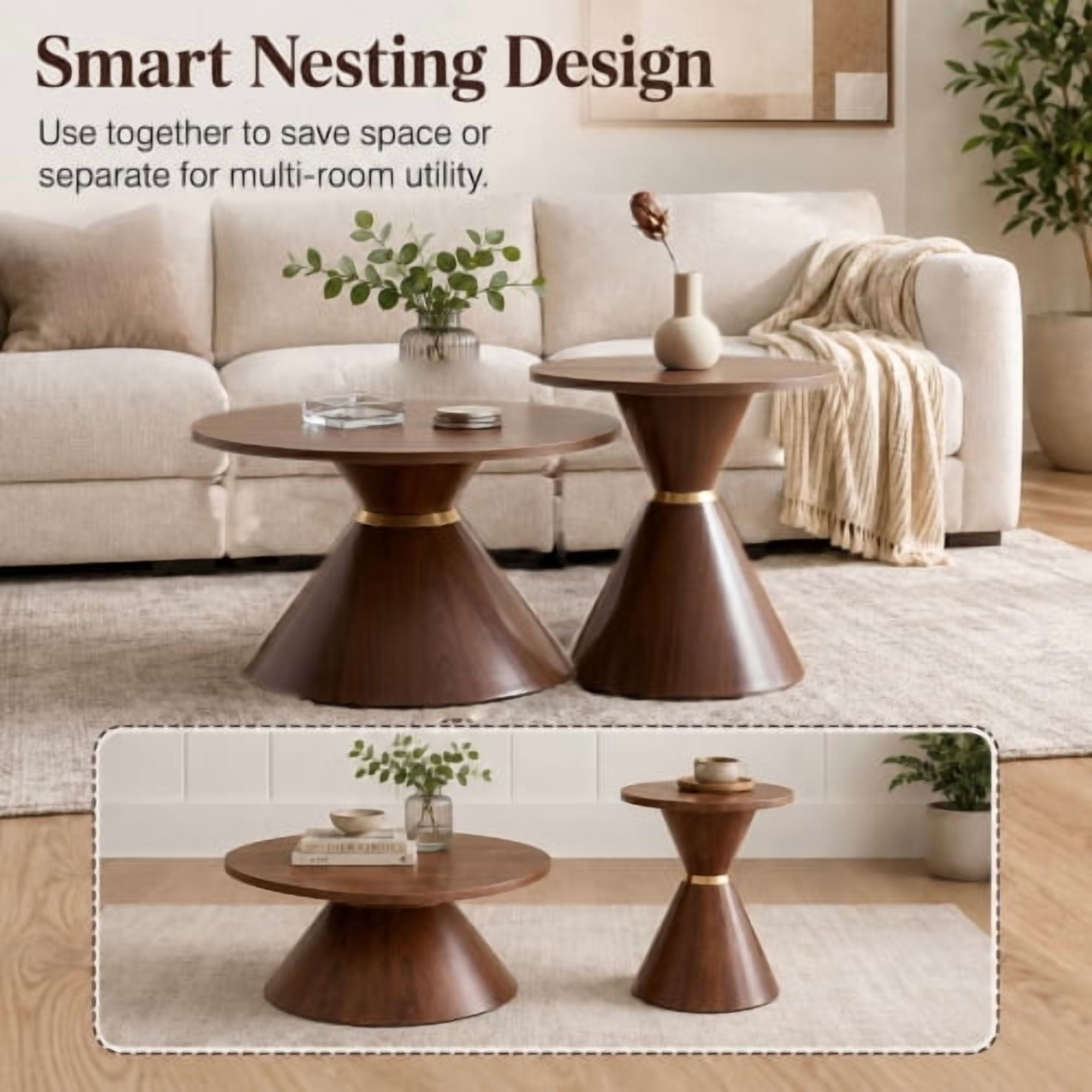 2-Piece Round Nesting Coffee Table Set, Walnut Wood Grain Tabletop with Metal Base, Mid-Century Modern Accent Tables for Living Room Bedroom, Nut Brown