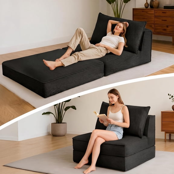 Folding Sofa Bed, Corduroy Convertible Sleeper Chair with Pillow, Modern Accent Reading Chair,No Assembly Required,Black
