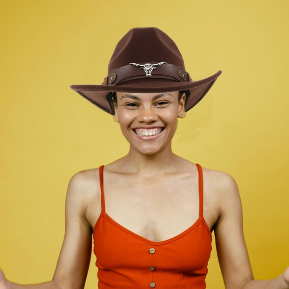 OUNONA Vintage Western Hat Coffee Wide Brim Breathable Lightweight Cotton Polyester PU