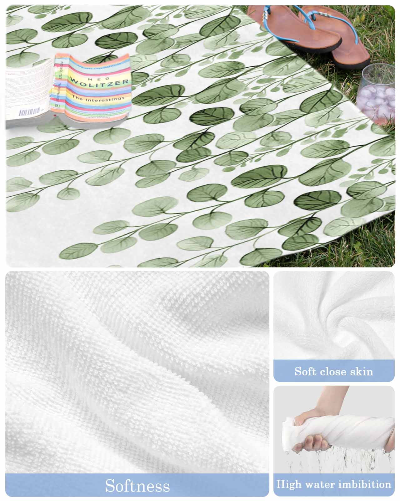 Sage Green Eucalyptus Leaves Beach Towels Oversized Super Absorbent, Spring Country Botanical Lightweight Bath Towel Quick Dry Sets For Bathroom/Pool/Rv Camping/Beach Play/Gym Room/Picnic 23"x47"