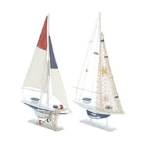 DecMode White Wood Sail Boat Handmade Decorative Sculpture, 2 Set of 22"H, 13"W