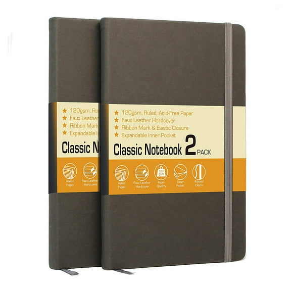 Professional Notebook Journal 2 Pack Faux Leather Hardcover 200 Ruled Pages of 120GSM Paper Quality with Inner Pocket & Ribbon Elastic - Gray