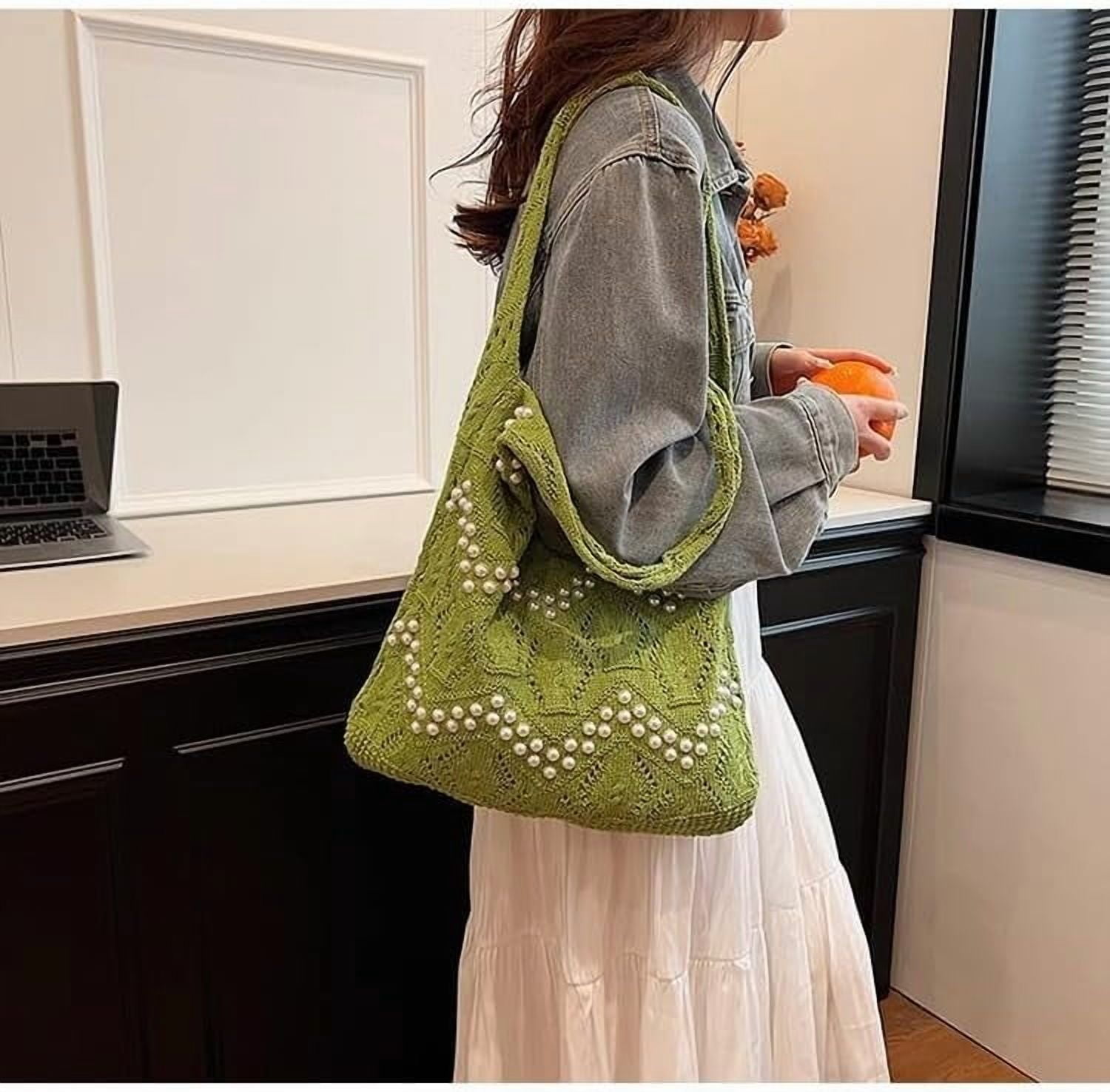 CAILDANL Boho Crochet Beach Tote Shoulder Bag with Colored Beads | Colorful Aesthetic Hippie Knit Bag for Women