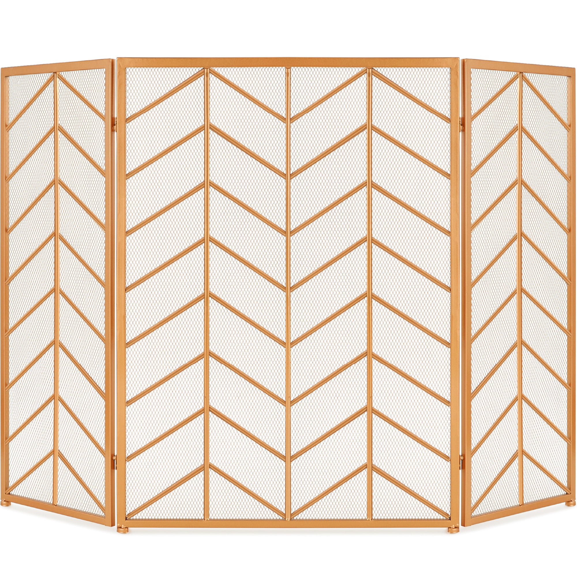 Best Choice Products 52x31in 3-Panel Iron Chevron Fireplace Screen, Spark Guard w/ Handles - Gold