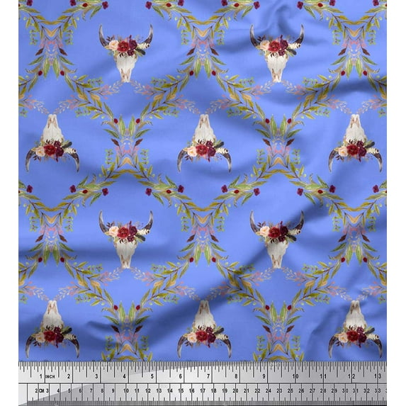 Soimoi Blue Rayon Fabric Floral & Cow Skull Head Damask Printed Craft Fabric by the Yard 58 Inch Wide