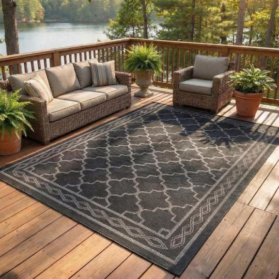 10x14 Reversible Outdoor Rug, Waterproof Plastic Straw Mat for Patio, RV & Backyard, Black/Grey
