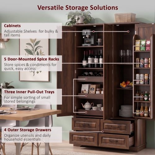 72-Inch Kitchen Pantry Cabinet with 3 Pull-Out Trays, Farmhouse Embossed Wood Grain Storage Cabinet with 5 Door Racks, Rustic Freestanding Cupboard for Home Kitchen and Dining Room, Walnut Brown