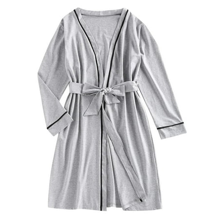 

YWDJ Silk Pajamas for Women Women Long Sleeve Pure Color Nightdress Home Wear Thin Nightgown/Bathrobes Gray S