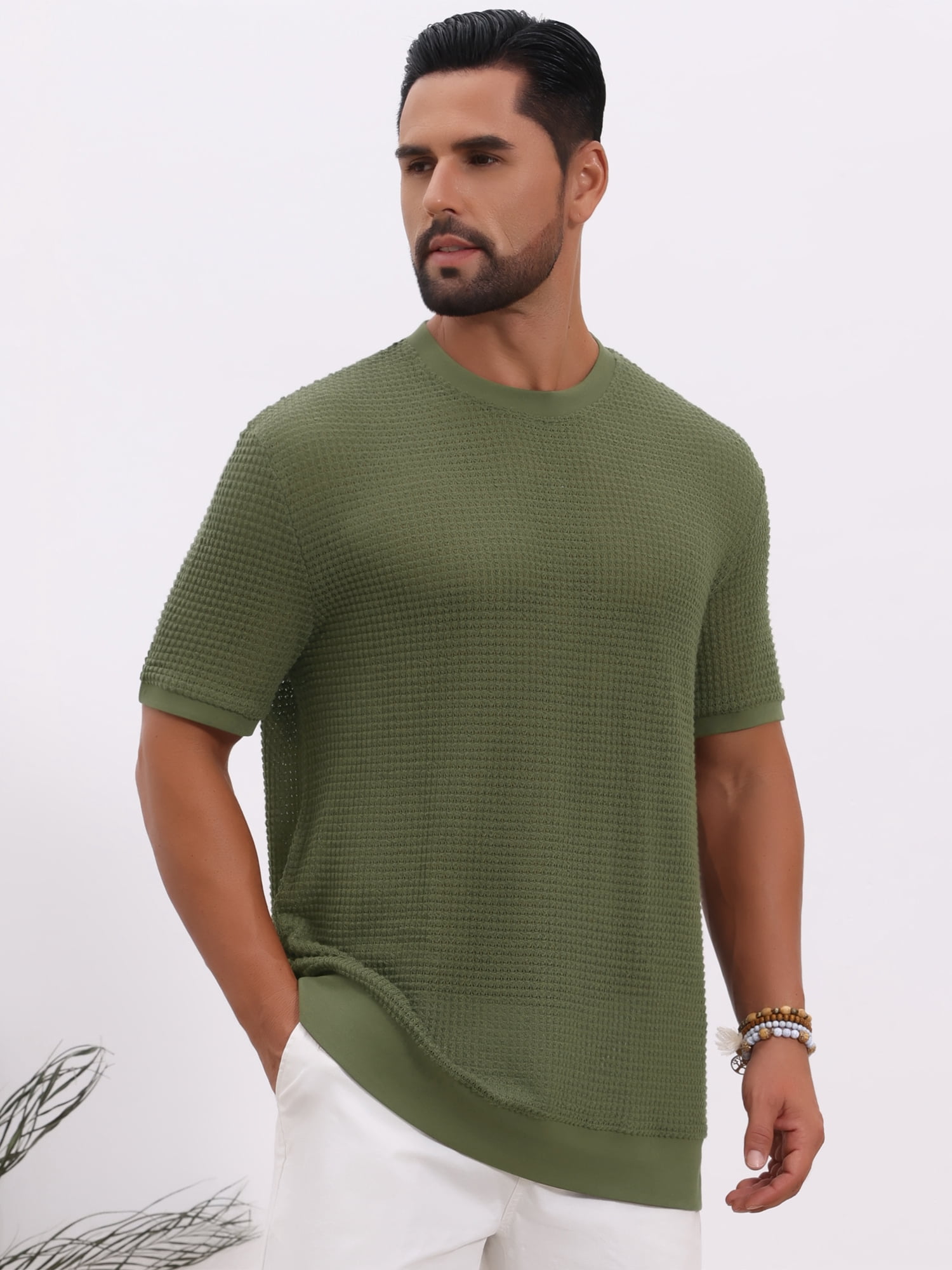 DARING DIVA Men's Waffle Short Sleeve Crew Neck Solid Knitted T-Shirt XL Olive Green
