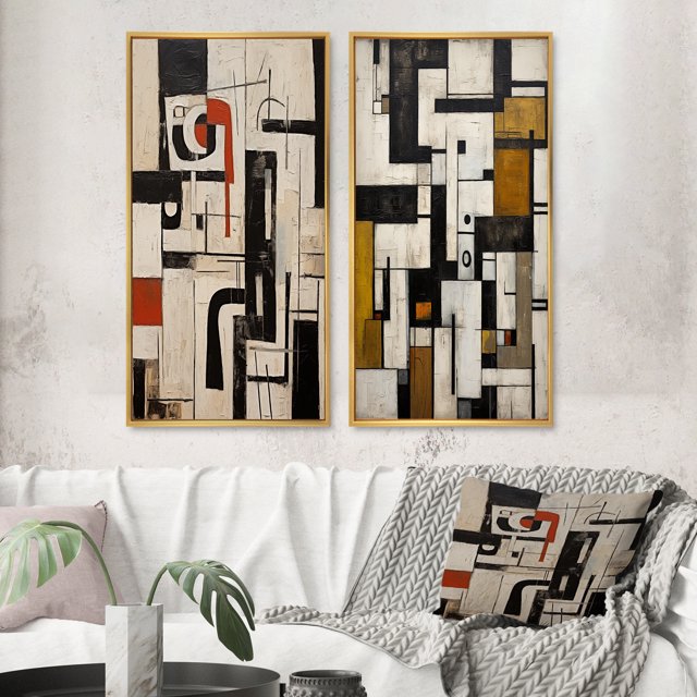 Designart "Urban Passion Abstract Expression I" Art Mural Géométrique Moderne Ensemble de 2 - Toile Encadrée Noire Moderne pour Décoration de Salon