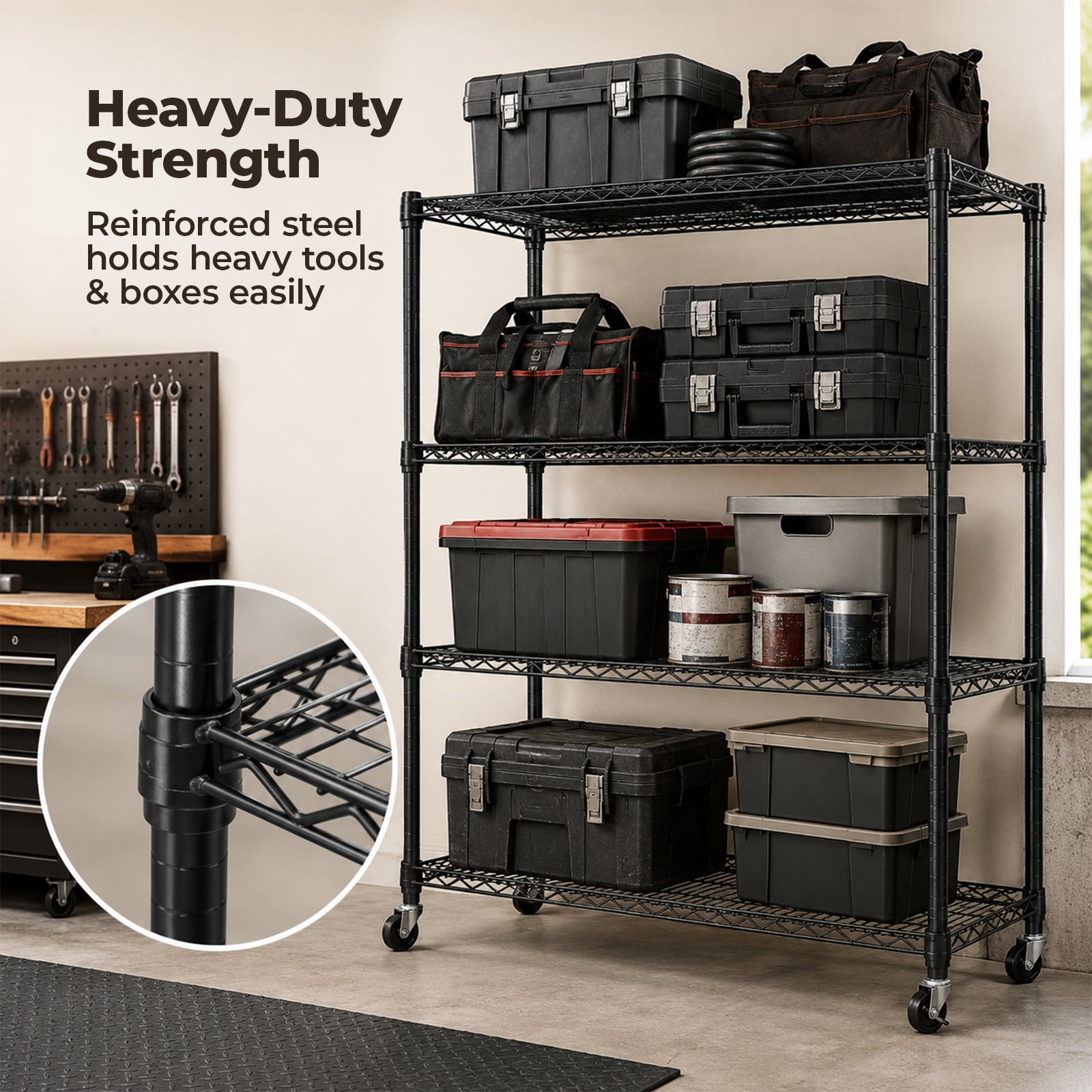 Alvantor 3/4/5 Tier Heavy Duty Adjustable Metal Shelf with Wheels, No-Tool Assembly, Suitable for Garages, Kitchens, Storage Rooms, Laundry Rooms and Offices