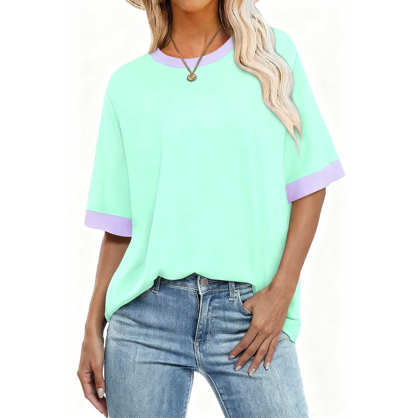ylioge S-5X Plus Size T Shirts for Women Short Sleeve Crewneck Tees Tops Womens Casual Color Block Pullover Breathable Basic Blouses Top