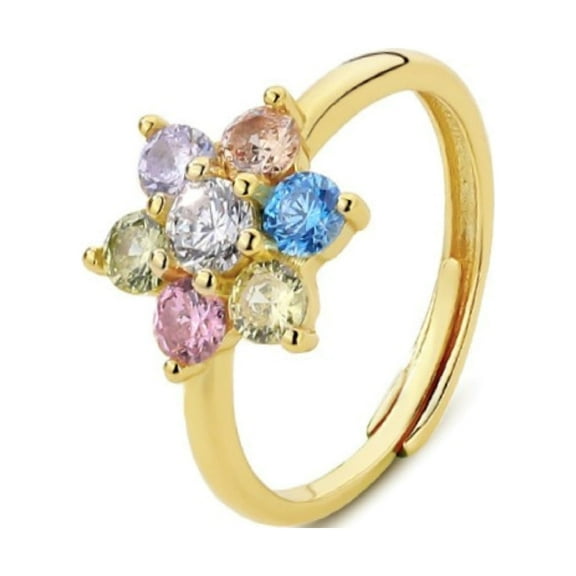 Bellitia Jewelry MultiColoured Cubic Zirconia Floral Ring for Women, Adjustable Ladies Rings Gold Plated 925 Sterling Silver Flower Ring